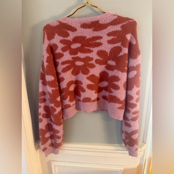 Art Class Girls XL 14/16 Pink Rust Floral Fuzzy Cropped Cardigan Sweater - Picture 6 of 7